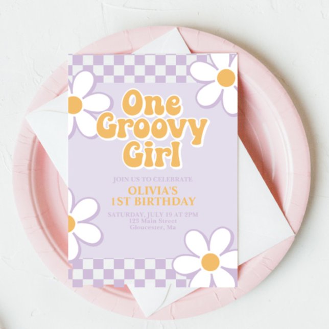 One Groovy Girl Retro Check Lilac Daisy Invitation (Creator Uploaded)