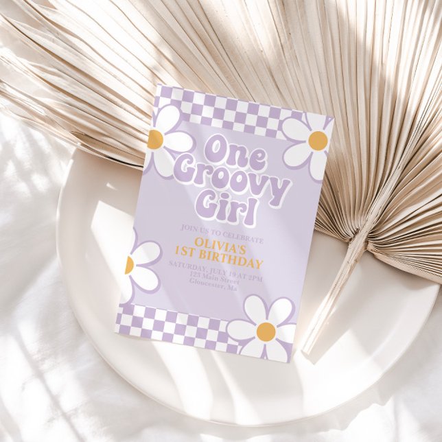 One Groovy Girl Retro Check Lilac Daisy Invitation (Creator Uploaded)