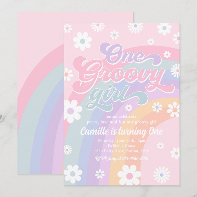 One Groovy Girl Retro Daisy Pink Rainbow Birthday Invitation (Front/Back)