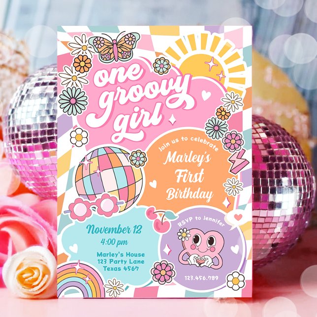 One Groovy Girl Retro Preppy Varsity Birthday Invitation (Creator Uploaded)