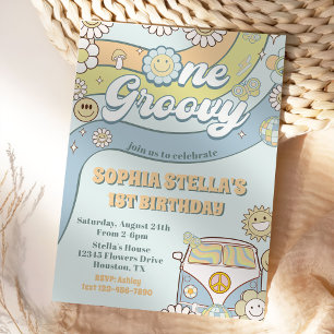 One Groovy Retro Rainbow 1st Birthday Party Invitation