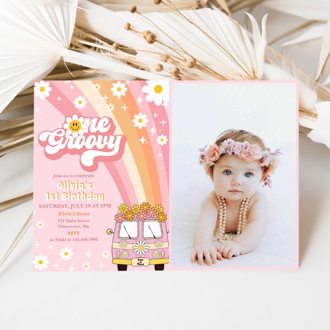 One Groovy Retro Rainbow 1st Birthday Photo Invitation (Creator Uploaded)