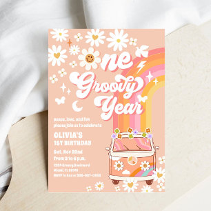 One Groovy Year Daisy Rainbow Birthday Invitation