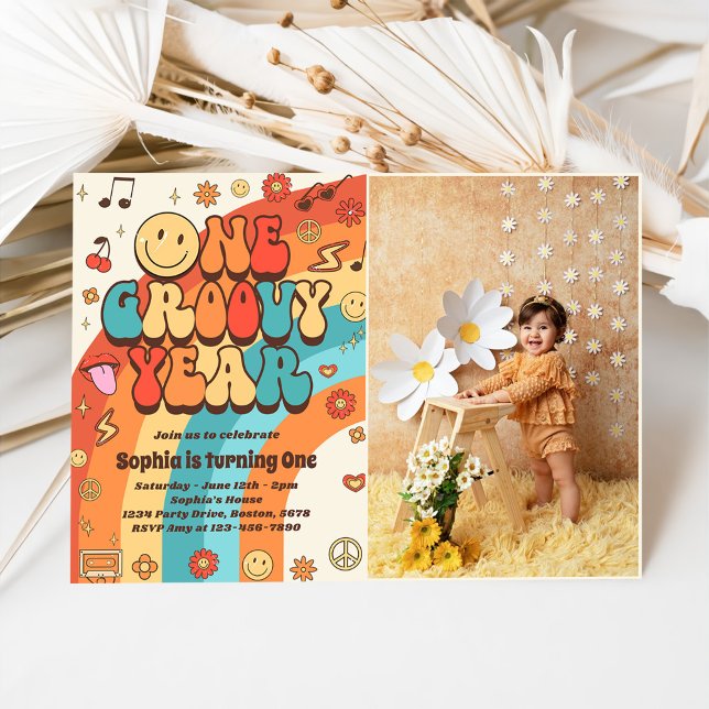 One Groovy Year Retro Rainbow 1st Birthday Photo Invitation (Creator Uploaded)