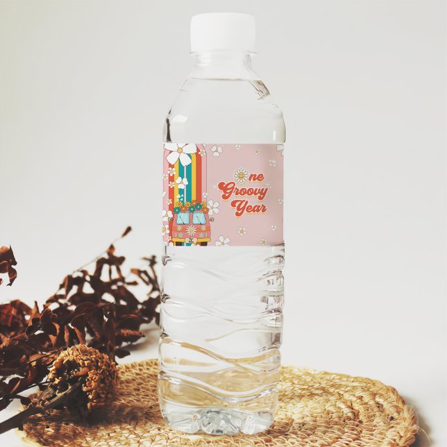 One Groovy Year Retro Rainbow 1st Birthday Water Bottle Label (Creator Uploaded)
