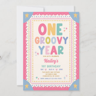 One Groovy Year Whimsical Girl 1st Birthday Party Invitation