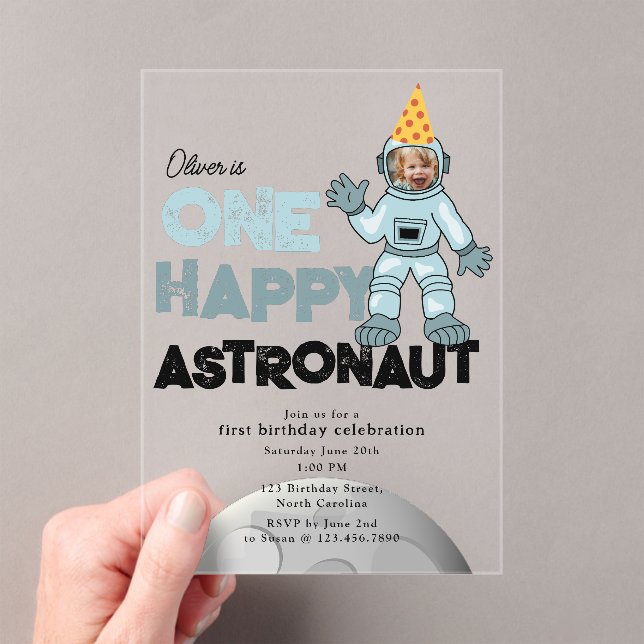 One Happy Astronaut Photo 1st  First Birthday Acrylic Invitations (Insitu (Handheld))