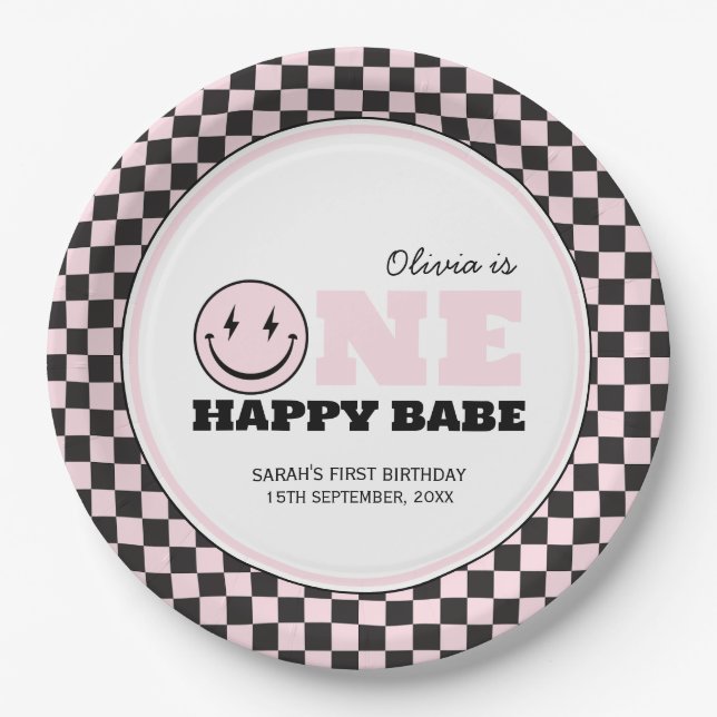 One Happy Babe Girls Pink 1st Birthday Paper Plate (Front)