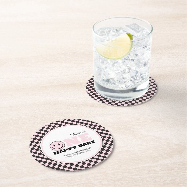 One Happy Babe Girls Pink 1st Birthday Round Paper Coaster (Insitu)