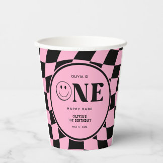 One Happy Babe Happy Face Pink Girl 1st Birthday  Paper Cups