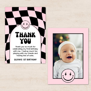 One Happy Babe Pink Check Photo Birthday Thank You Card