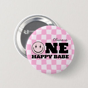 One Happy Babe Pink Chequered Birthday 2 Inch Round Button