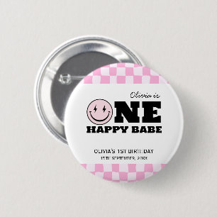 One Happy Babe Pink Chequered Birthday 2 Inch Round Button