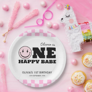 One Happy Babe Pink Chequered Birthday Paper Plate