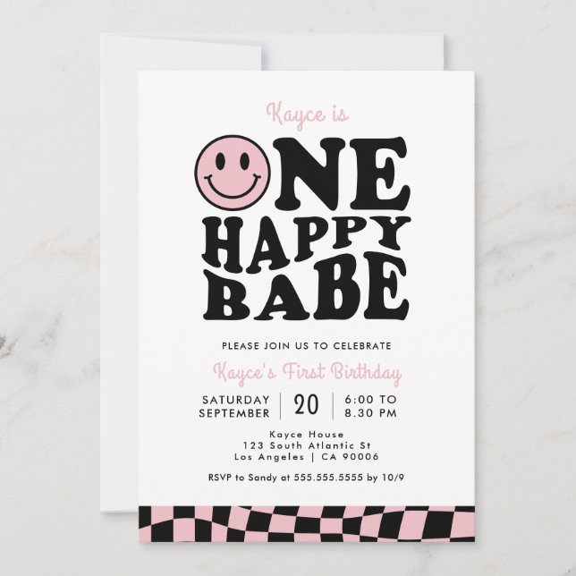 One Happy Babe Pink Preppy Smile Girl 1st Birthday Invitation (Front)