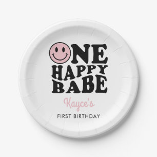 One Happy Babe Pink Preppy Smile Girl 1st Birthday Paper Plate