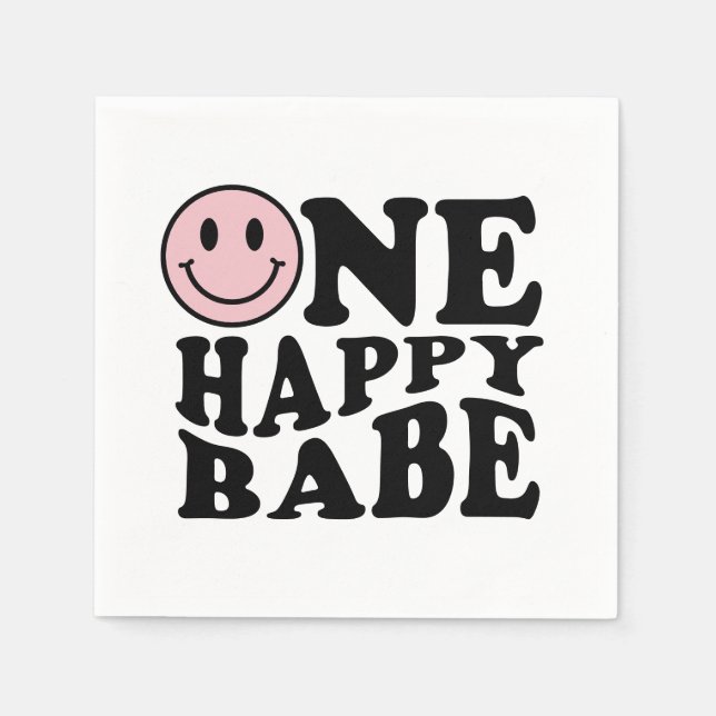 One Happy Babe Pink Retro Happy Smile Birthday Napkin (Front)