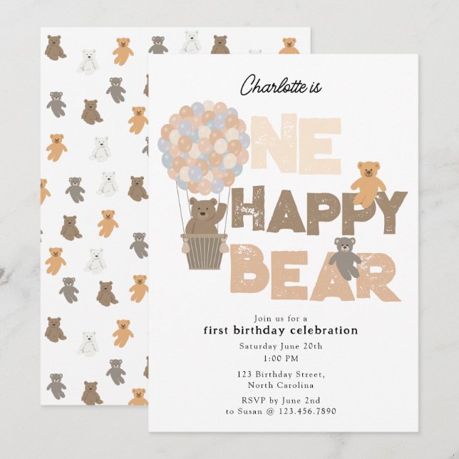 One Happy Bear Invite 1st  First Birthday Cute (Front/Back)