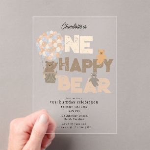 One Happy Bear Invite 1st First Birthday Cute Acrylic Invitations