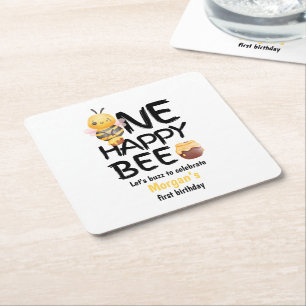 One Happy Bee Honey Yellow  Bee Girls 1st Birthday Square Paper Coaster
