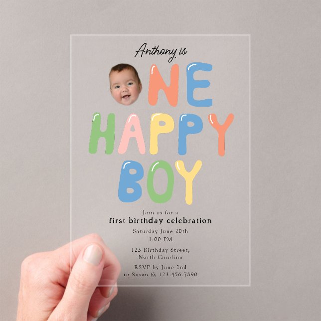 One Happy Boy Birthday Invite 1st Birthday Photo Acrylic Invitations (Insitu (Handheld))