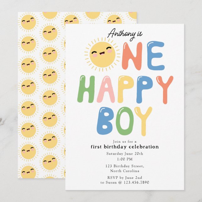 One Happy Boy Birthday Invite 1st Birthday Sun (Front/Back)