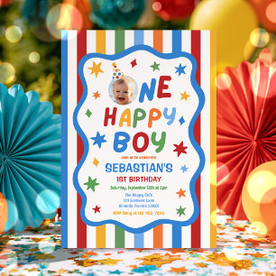 One Happy Boy Colourful 1st Birthday Party Invitation