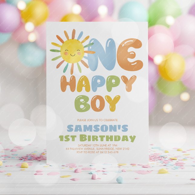 One Happy Boy Sun 1st Birthday Blue Invitation (One Happy Boy! Boy's sun 1st birthday invitation)