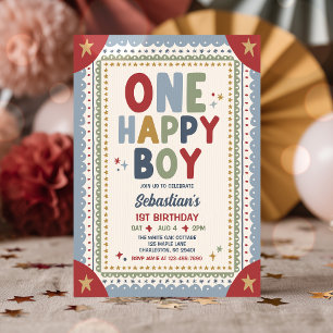One Happy Boy Whimsical Boy 1st Birthday Party Invitation