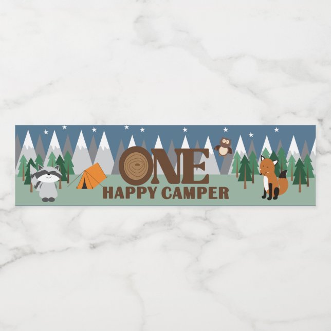 One Happy Camper 1st Birthday Woodland  Water Bottle Label (Single Label)