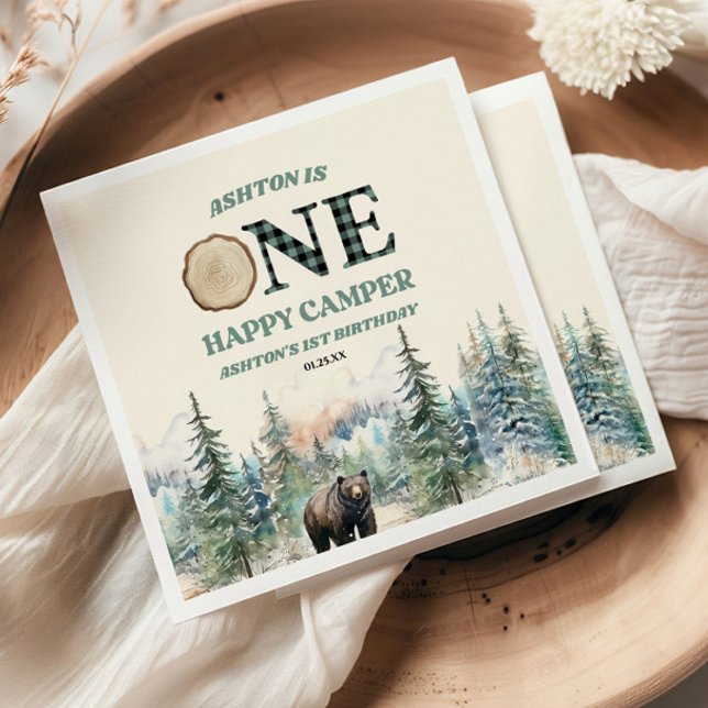 ONE Happy Camper Bear 1st Birthday Party Napkin (Creator Uploaded)