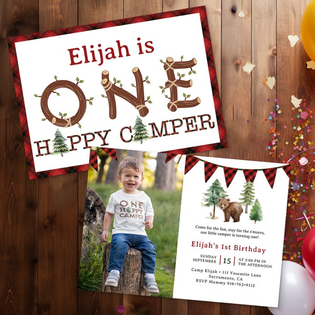 One Happy Camper Bear 1st Birthday Photo  Invitation (One Happy Camper Photo Invite)