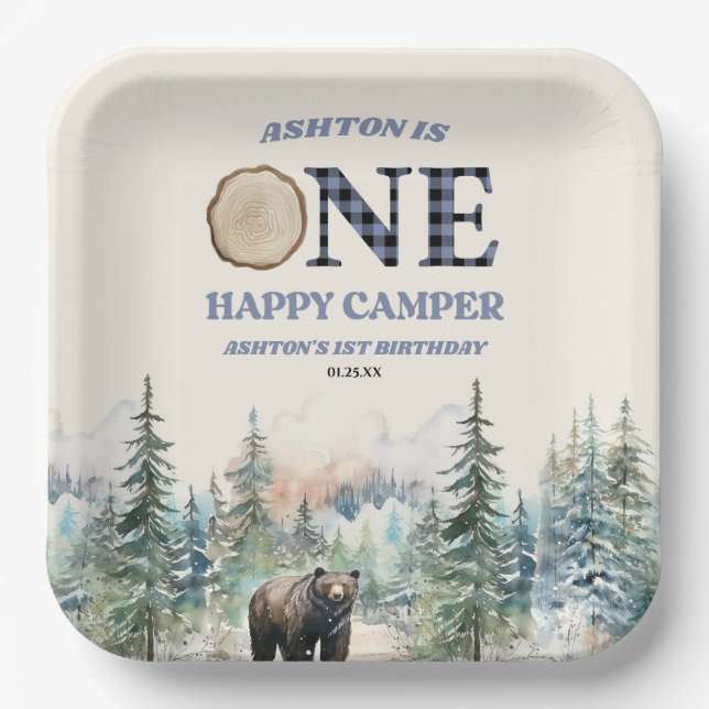 ONE Happy Camper Bear Blue 1st Birthday Party Paper Plate (Front)