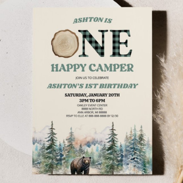 ONE Happy Camper Bear Green 1st Birthday Party Invitation (Creator Uploaded)