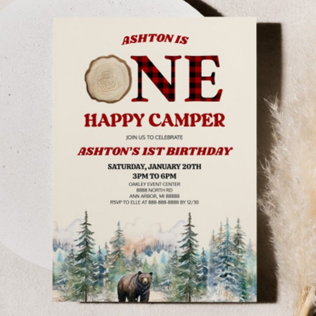 ONE Happy Camper Bear Red 1st Birthday Party Invitation (Creator Uploaded)