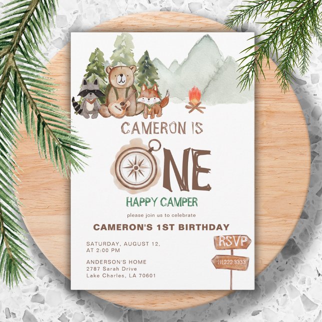 One Happy Camper Bear Watercolor 1st Birthday  Invitation (Creator Uploaded)