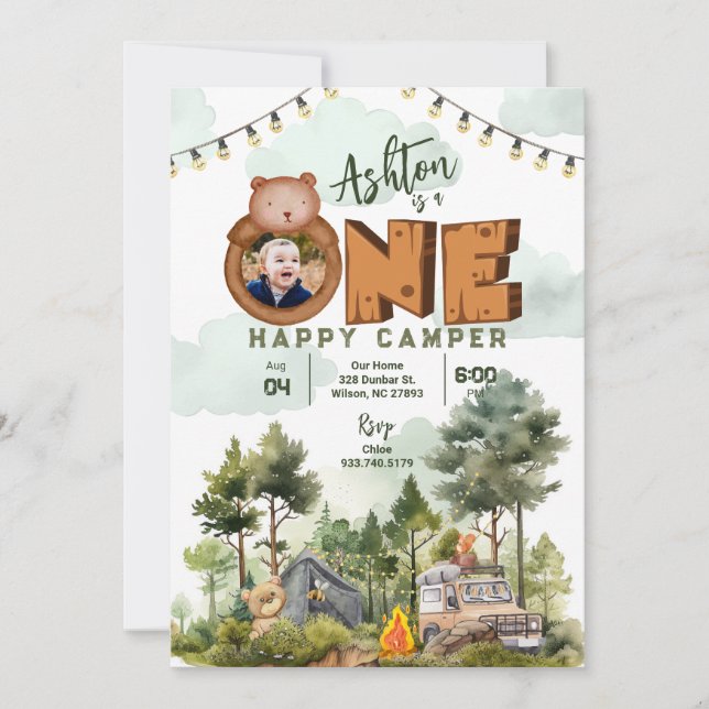 One Happy Camper Birthday Invitation with Photo (Front)
