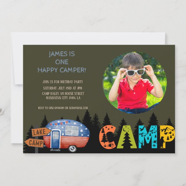 One Happy Camper Birthday Kids Photo  Invitation (Front)