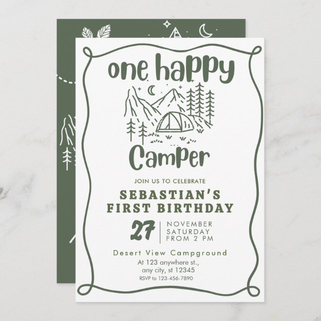 One Happy Camper Boys 1st Birthday Invitation (Front/Back)