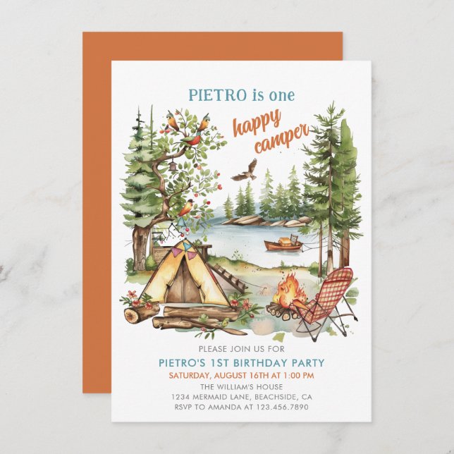 One Happy Camper Boys 1st Birthday Invitation (Front/Back)