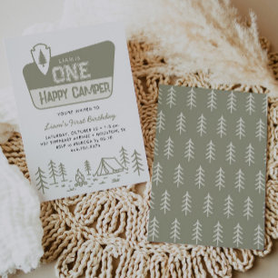 One Happy Camper Boys 1st Camping Forest Birthday Invitation