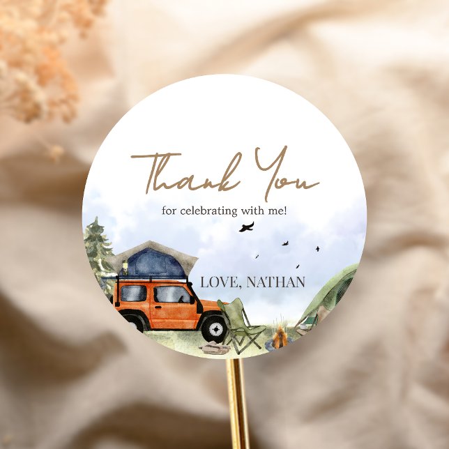 One Happy Camper Camping Boy Birthday Classic Round Sticker (One Happy Camper 1st Birthday Party Sticker)