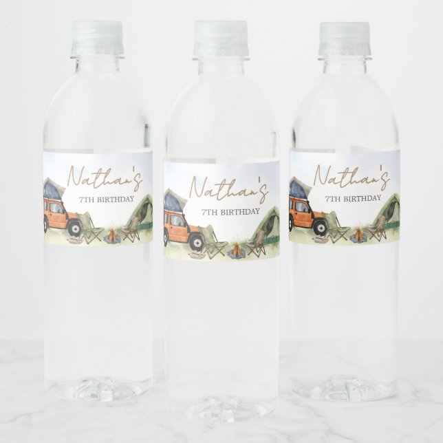 One Happy Camper Camping Boy Birthday Water Bottle Label (Bottles)