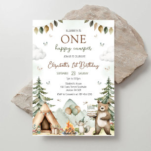 One Happy Camper Camping Woodland Birthday Invitation
