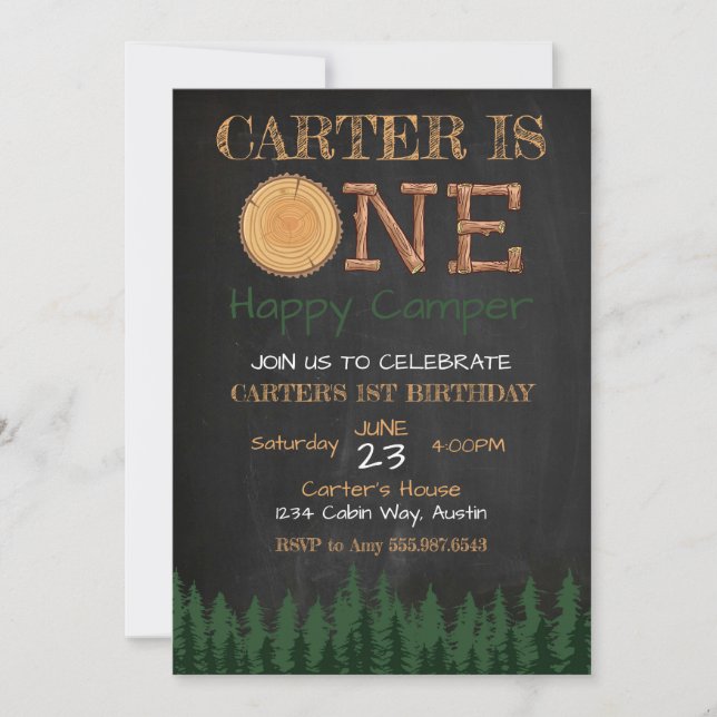 One Happy Camper Chalkboard Boy Birthday Invite (Front)