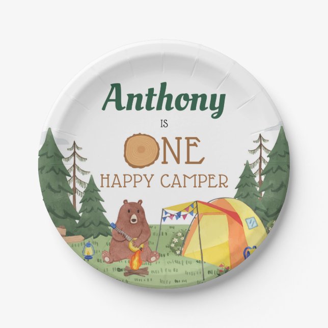 One Happy Camper First Birthday Party Paper Plate (Front)