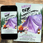 One Happy Camper Girls 1st Birthday Invitation<br><div class="desc">Camping themed 1st birthday invitation - perfect for a backyard bbq,  picnic or outdoor birthday party. This mint and lilac watercolor design has mountain and forest scenery with tent,  campfire and smores. The title reads "[name] is one happy camper" and the remaining invitation wording is fully editable.</div>
