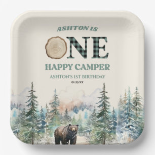 ONE Happy Camper Green Bear 1st Birthday Party Paper Plate