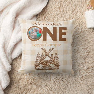 One Happy Camper Mountain Forest 1st Birthday Throw Pillow