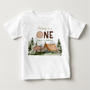 One Happy Camper Mountain Forest Bear 1st Birthday Baby T-Shirt